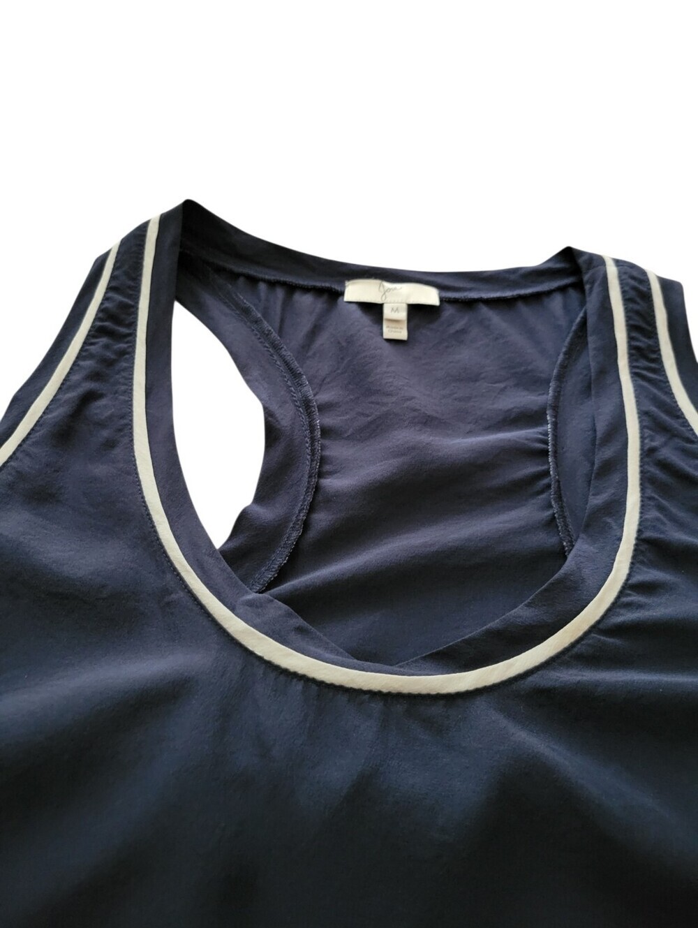 Joie Navy 100% Silk Racerback Blouse with White Trim - Picture 6 of 7